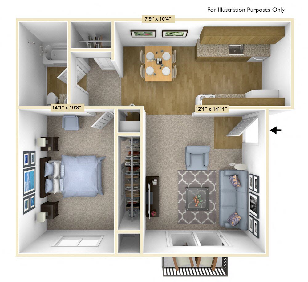 Floor plan for 1 bed, 1 bath, 600 sqft